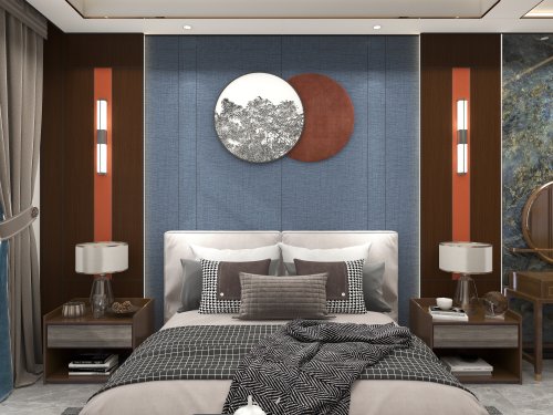 新中式-卧室木饰面背景墙